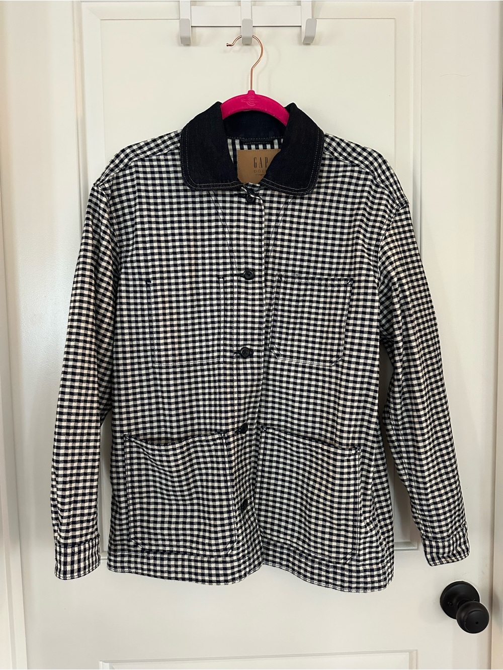 GAP × DÔEN Gingham Denim Chore Jacket Blue White Utility Barn Coat Size S